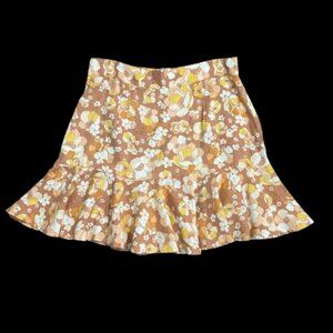 NWOT MINKPINK Brown/Gold Floral Linen Blend Ruffled Mini Skirt SZ L